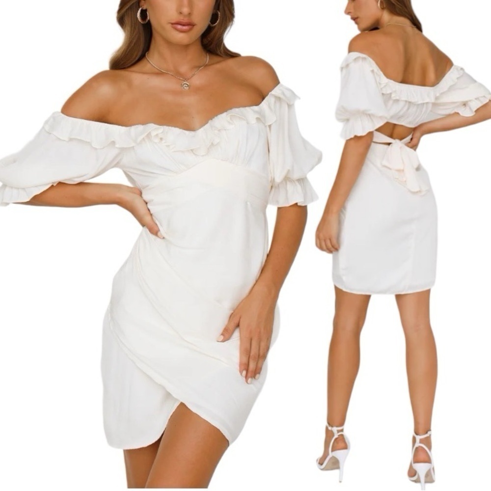 NEW Selfie Leslie Satin Off The Shoulder Puff Sleeve Mini Wrap Dress White - S